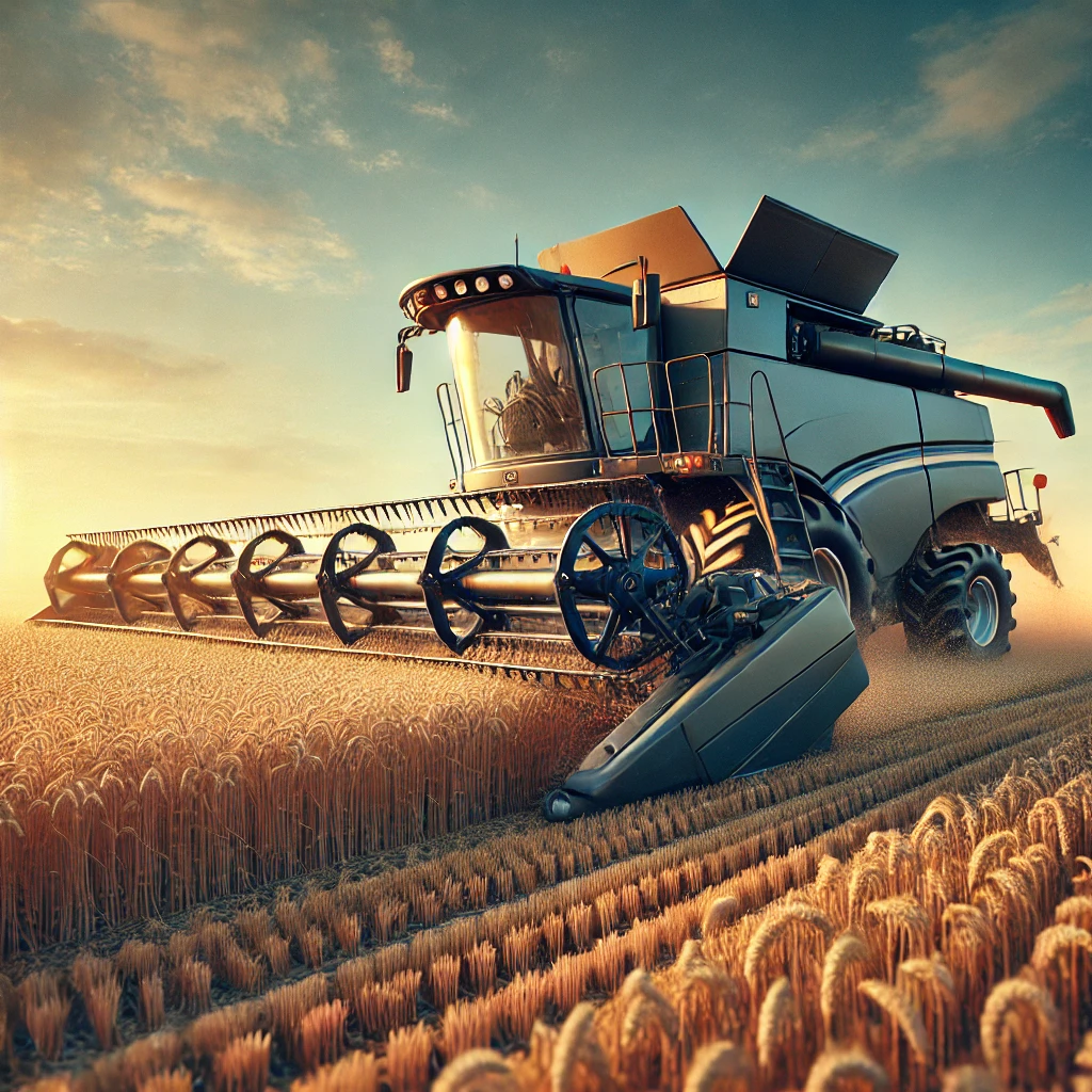 DALL·E 2024-11-30 20.30.49 - A realistic and detailed image of a modern agricultural combine harvester in a field during harvest. The machine is shown cutting and gathering golden