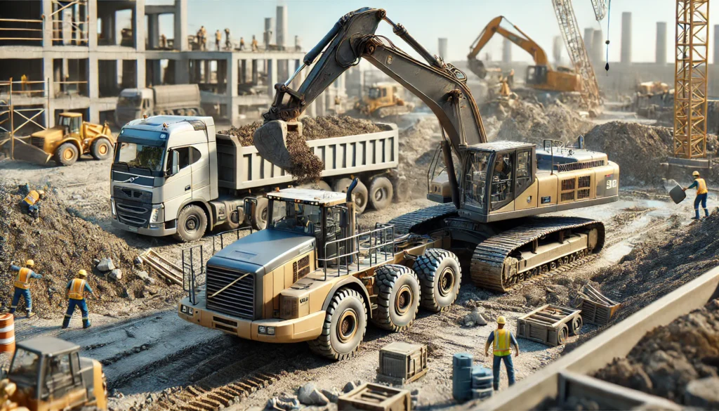DALL·E 2024-11-30 21.08.11 - A realistic and detailed image of a construction site featuring a large excavator and a heavy-duty truck working together. The excavator is actively d