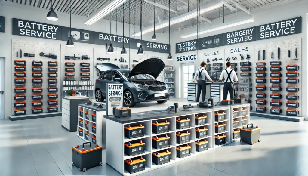 DALL·E 2024-11-30 21.53.45 - A realistic and professional image of a battery service center. The shop features a clean and organized interior with rows of car batteries on display